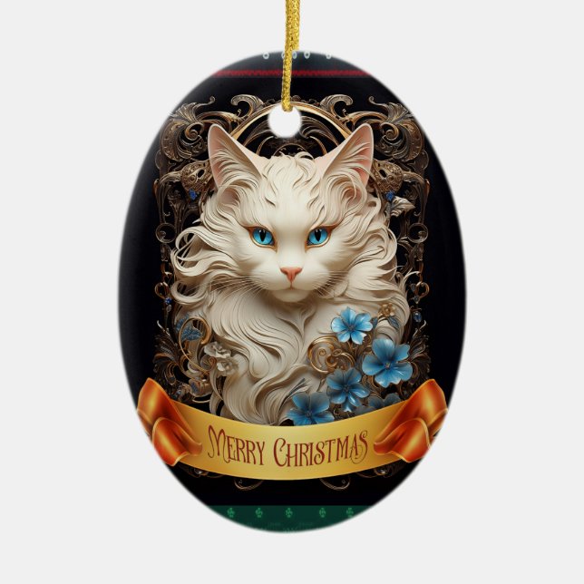Ragdool White Cat Art nouveau style Ceramic Tree Decoration (Front)