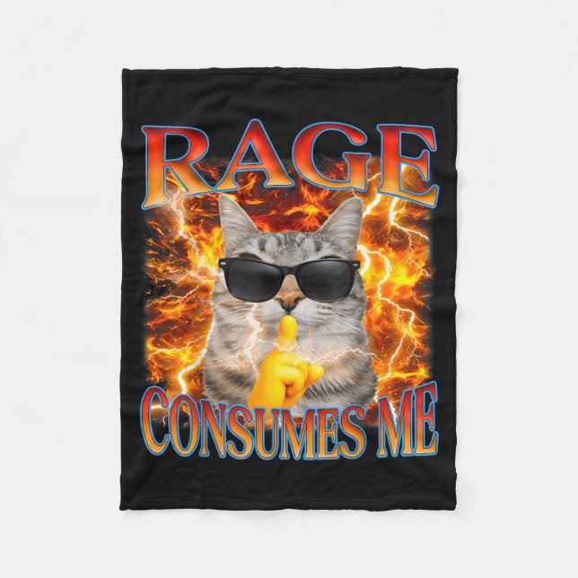 Rage Consumes Funny Silly Staring Cat Meme Women Fleece Blanket (Front)