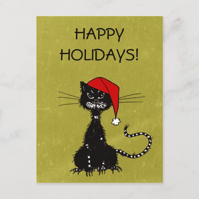 Ragged black cat Christmas Holiday Postcard (Front)