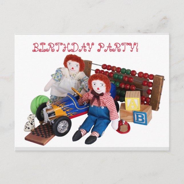 Raggedy Ann Andy toys boy girl birthday toddler Invitation Postcard (Front)