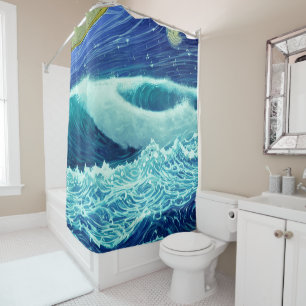 Raging Waves Blue Ocean Night Shower Curtain