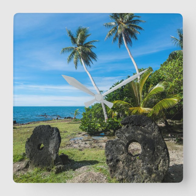 Rai Stones On Yap Island Square Wall Clock (Front)
