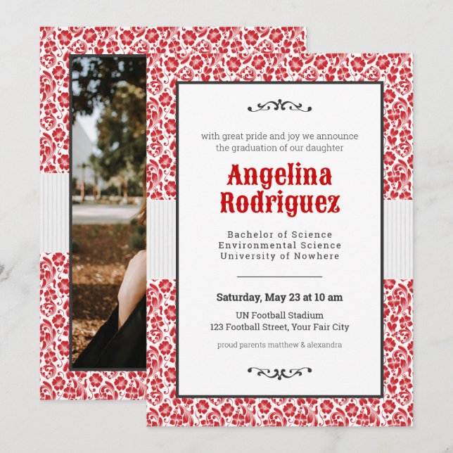 Raider Red Floral Damask Photo Graduation Invitation (Front/Back)