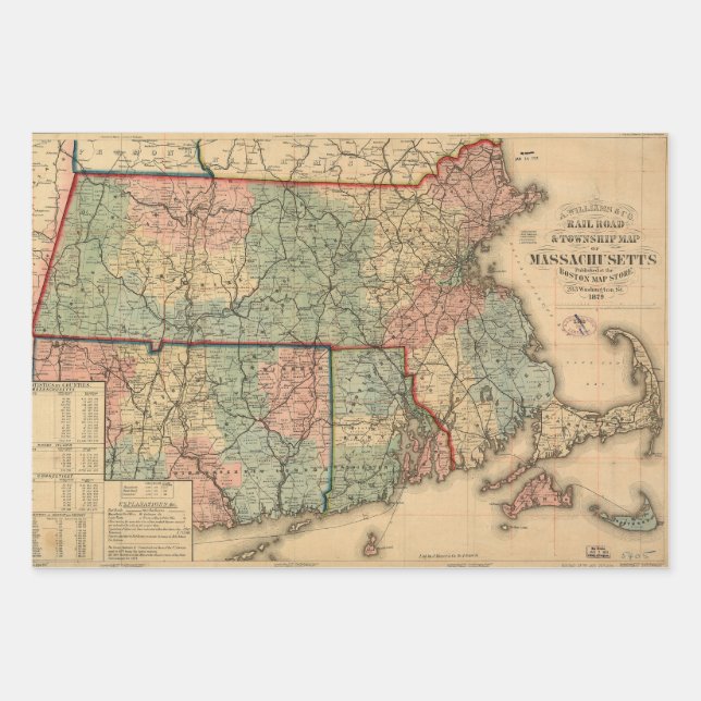 Rail Road & Township Map of Massachusetts, 1879 Wrapping Paper Sheet (Front)