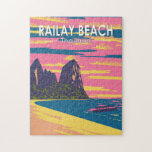 Railay Beach Thailand Travel Art Vintage Jigsaw Puzzle<br><div class="desc">Railay Beach in a vector art style. Railay,  also known as Rai Leh,  is a small peninsula between the city of Krabi and Ao Nang in Thailand.</div>
