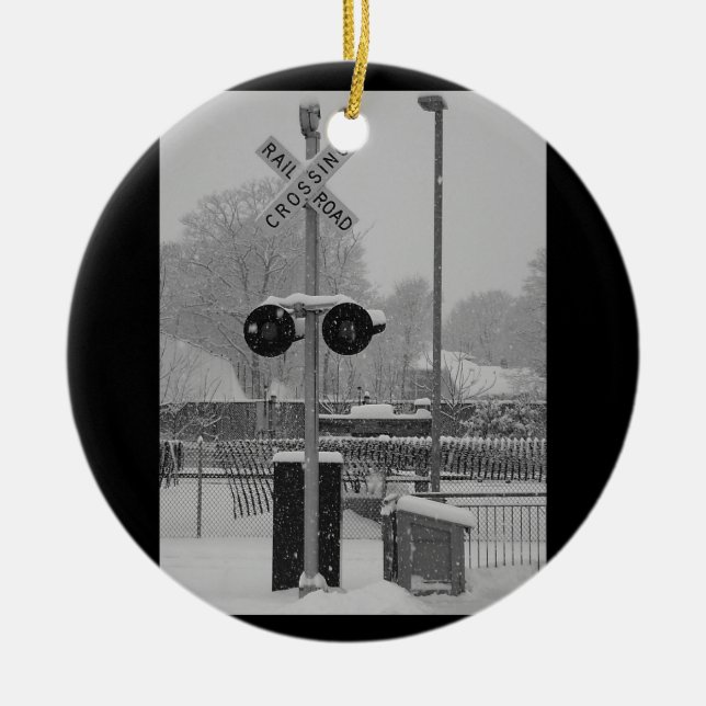 Railroad Crossing (b&w) Ceramic Tree Decoration (Front)