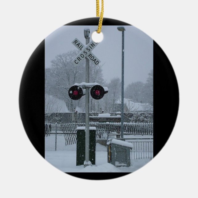 Railroad Crossing (blue) Ceramic Tree Decoration (Front)