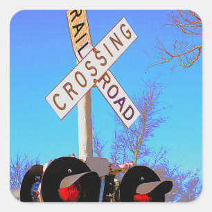 Railroad Crossing With Bent Crossbuck Square Sticker