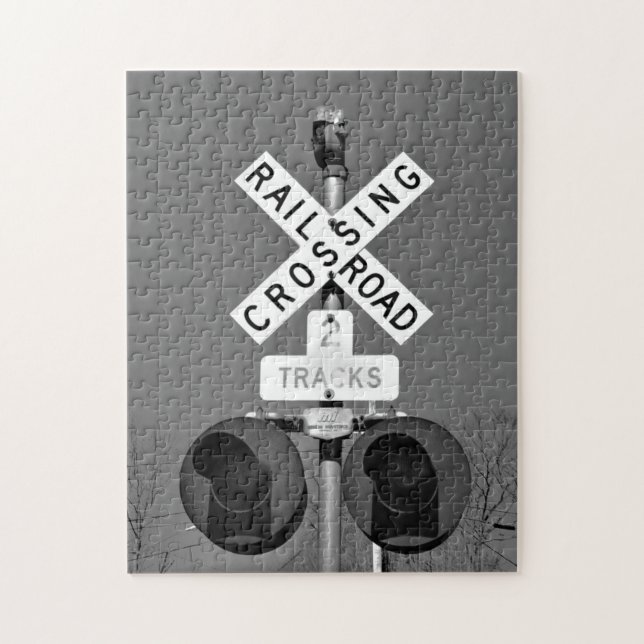 Railroad Crossing With Mechanical Bell in B&W Jigsaw Puzzle (Vertical)