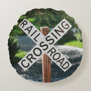 Railroad Freight Train Crossing Railway Worker Round Cushion