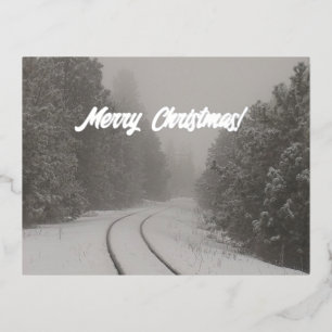 Railroad Track in Snowy Woods Merry Christmas Foil Holiday Postcard