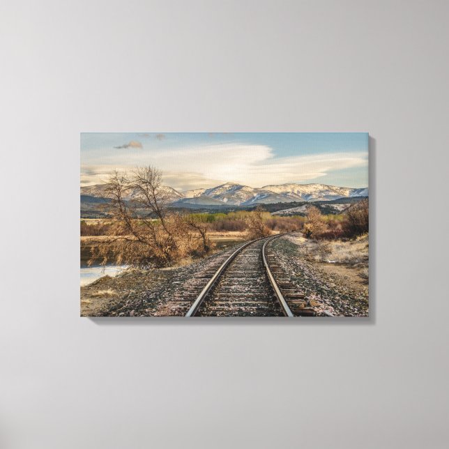 Railroad Tracks Curving Before the Mountains Canvas Print (Front)