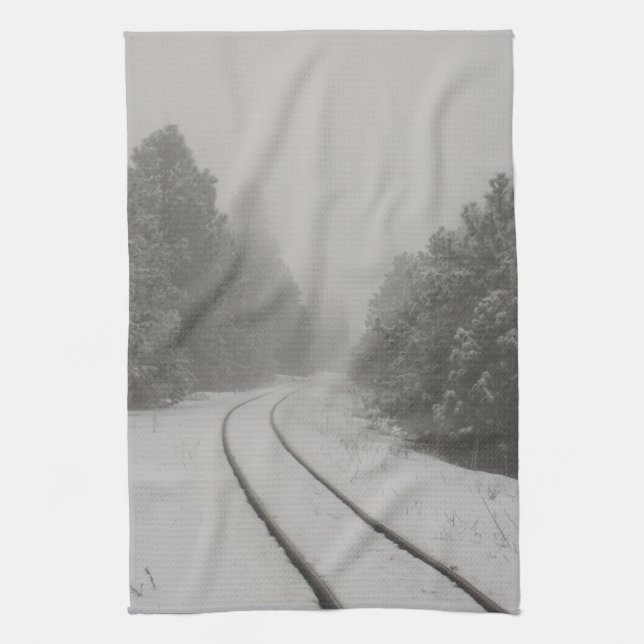 Railroad Tracks Winter Fog Photo Tea Towel (Vertical)