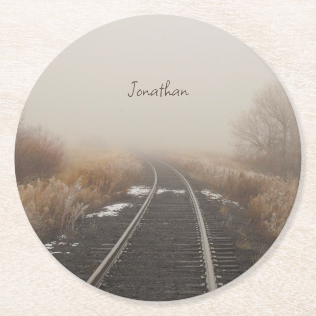Railroad Tracks Winter Landscape Personalised Round Paper Coaster (Front)
