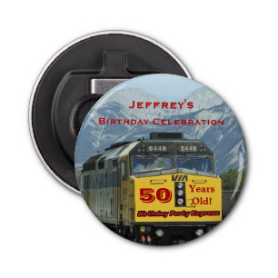 Railroad Train 50th Birthday Party Favour, Name,  Bottle Opener