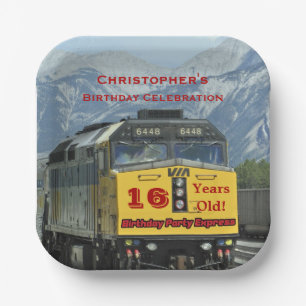 Railroad Train Engine, 16th Birthday, Name, Square Paper Plate