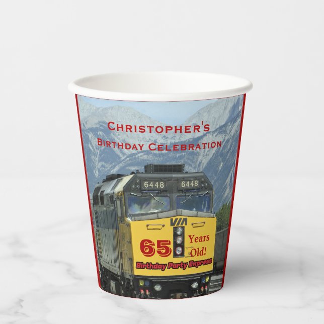 Railroad Train Yellow Engine, 65th Birthday, Paper Cups (Front)