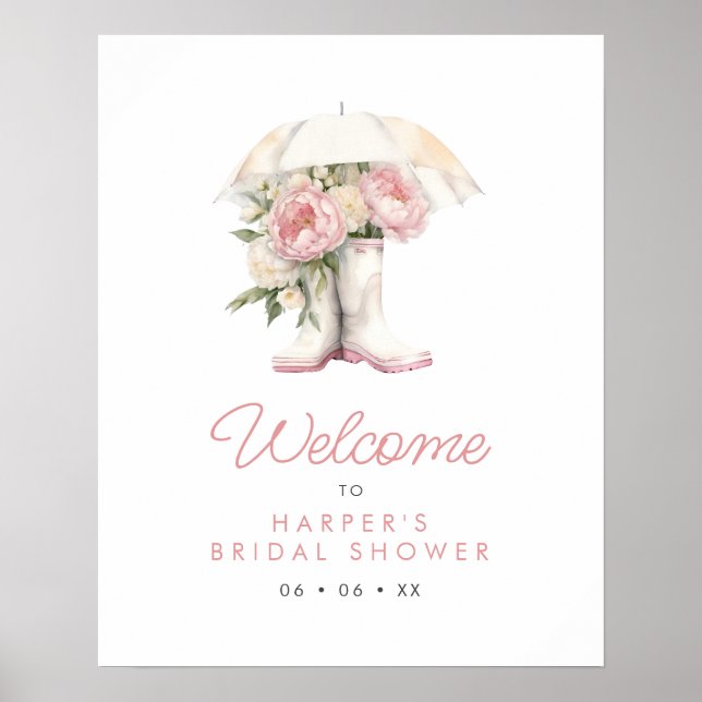 Rain Boots & Pink Peonies Bridal Shower Welcome Poster (Front)