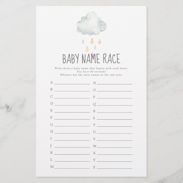Rain Cloud Girl Baby Shower Baby Name Race Game (Front)