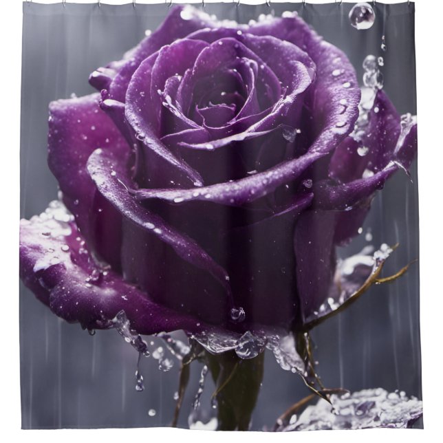 “Rain-Drenched Purple Rose" Shower Curtain (Front)