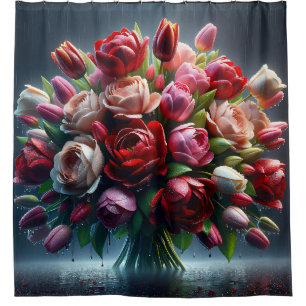 “Rain-Drenched Tulips and Roses Bouquet" Shower Curtain