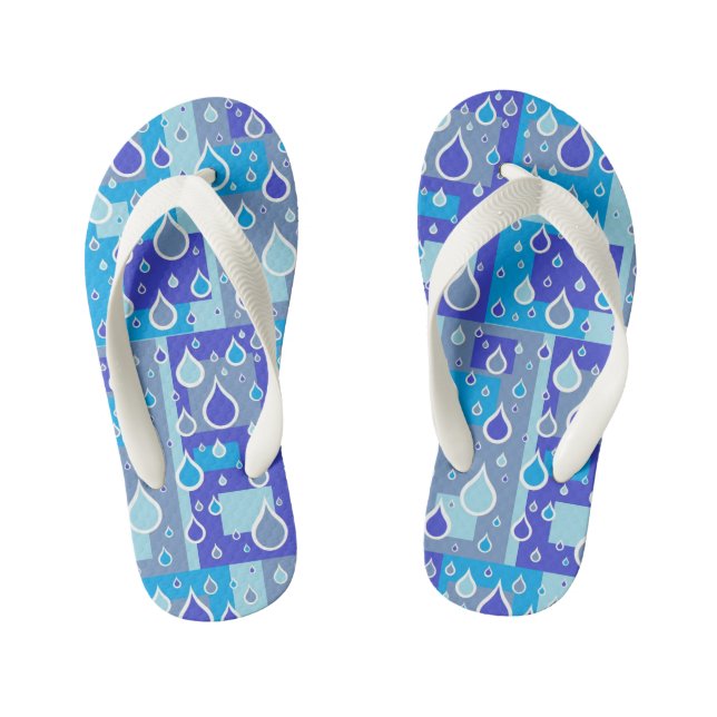 Rain Drops April Showers Multi Blue Design Kid's Flip Flops (Footbed)