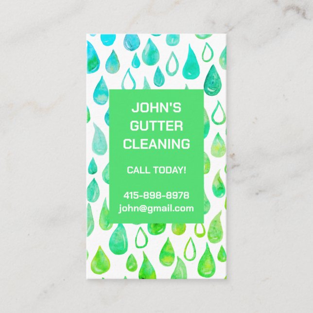 Rain Gutter Roof Cleaning Repair Watercolor Drops Business Card (Front)