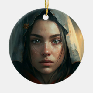 Rain hood girl ceramic tree decoration