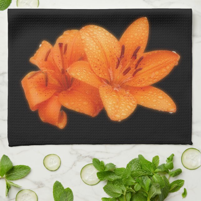 Rain-Kissed Orange Asiatic Tiger Lilies Tea Towel (Folded)