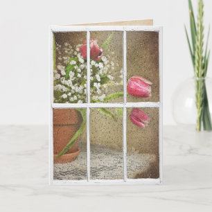 rain on window with tulip bouquet card