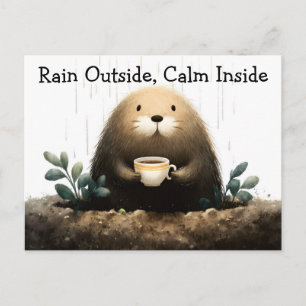 Rain outside, calm inside. Mole Drinking Coffee Holiday Postcard