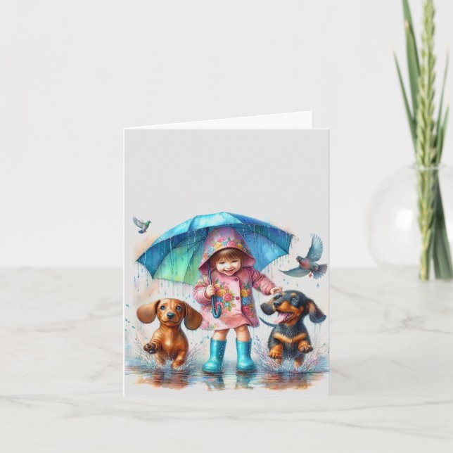 Rain Puddle Friends Dachshund (downloadable)  Card (Front)