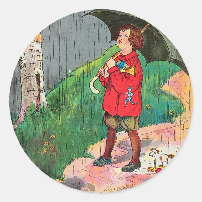 Rain, Rain, Go Away - Mother Goose Nursery Rhyme Classic Round Sticker (Front)