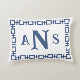 Rain Slate Blue Square Greek Key Monogram Decorative Cushion
