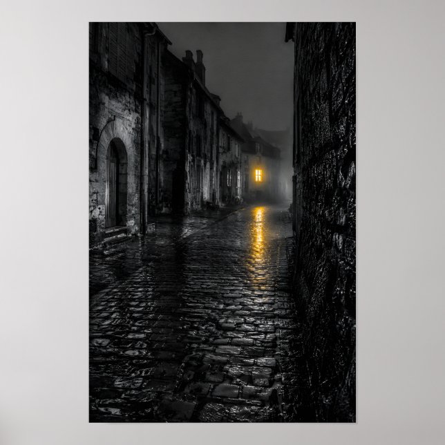 Rain-Soaked Cobblestone Street Poster (Front)