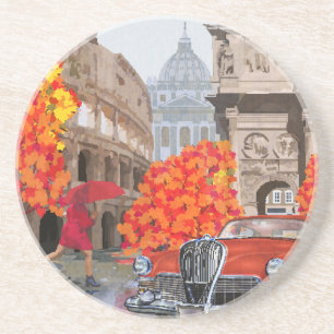 Rain-Soaked Rome Vintage Poster Coaster