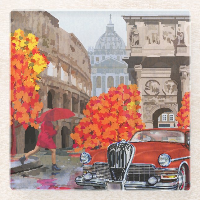 Rain-Soaked Rome Vintage Poster Glass Coaster (Front)