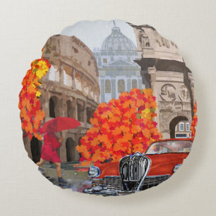 Rain-Soaked Rome Vintage Poster Round Cushion