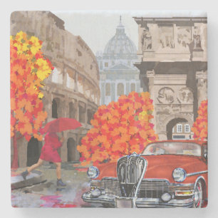 Rain-Soaked Rome Vintage Poster Stone Coaster