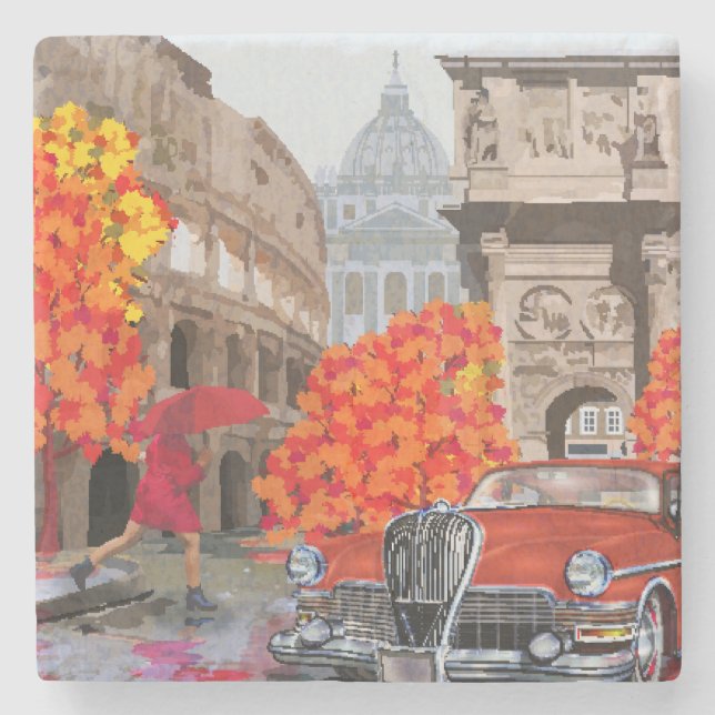 Rain-Soaked Rome Vintage Poster Stone Coaster (Front)