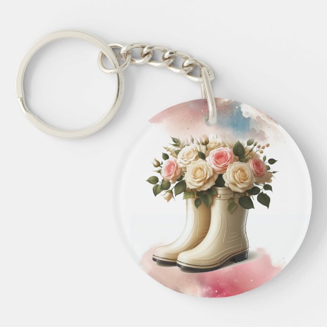 Rainboots and Roses Vintage Style Key Ring (Front)