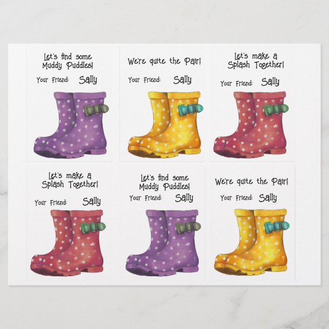 Rainboots, Wellies, Class Cards 6 Personalise Name Custom Letterhead (Front)