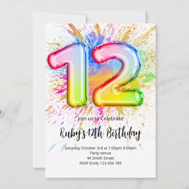 Rainbow 12th Birthday Invitation (Front)
