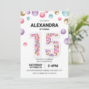 Rainbow 15th Birthday Party, Pink Balloon Girl Invitation
