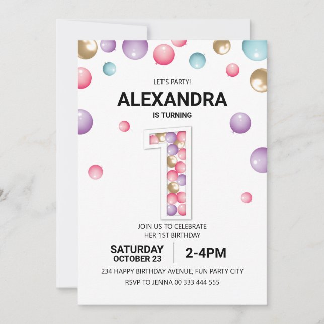 Rainbow 1st Birthday Party, Pink Balloon Girl Invitation (Front)