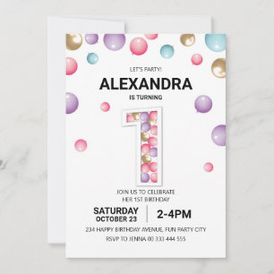 Rainbow 1st Birthday Party, Pink Balloon Girl Invitation