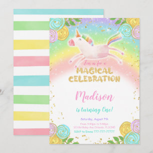 Rainbow 1st Birthday Unicorn Party Invitation