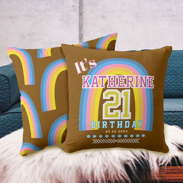 Rainbow 21 Birthday Brown Cushion (Rainbow 21 Birthday Brown Throw Pillow)