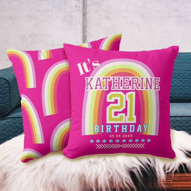 Rainbow 21st Birthday Hot Pink Cushion (Rainbow 21st Birthday Hot Pink Throw Pillow)