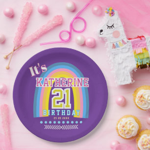 Rainbow 21st Birthday Purple Paper Plate